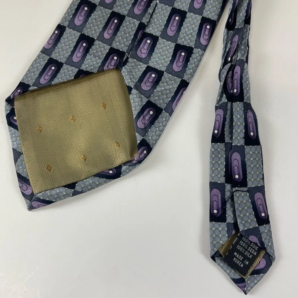 Mosaic Mens Tie Necktie Purple Blue Pattern Pure Silk Hand Made